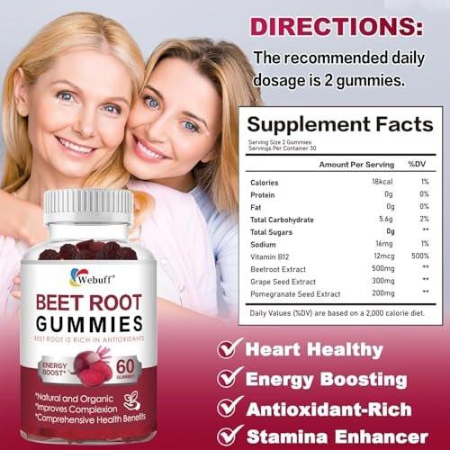Webuff Beet Root Gummies - Nitric Oxide Booster with Organic Beet, Pomegranate & Grape Seed, Vitamin B12 - Energy, Circulation & Heart Health Support, Vegan, Non-GMO, 60 Count (Pack of 1) - görsel 4