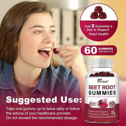 Webuff Beet Root Gummies - Nitric Oxide Booster with Organic Beet, Pomegranate & Grape Seed, Vitamin B12 - Energy, Circulation & Heart Health Support, Vegan, Non-GMO, 60 Count (Pack of 1)
