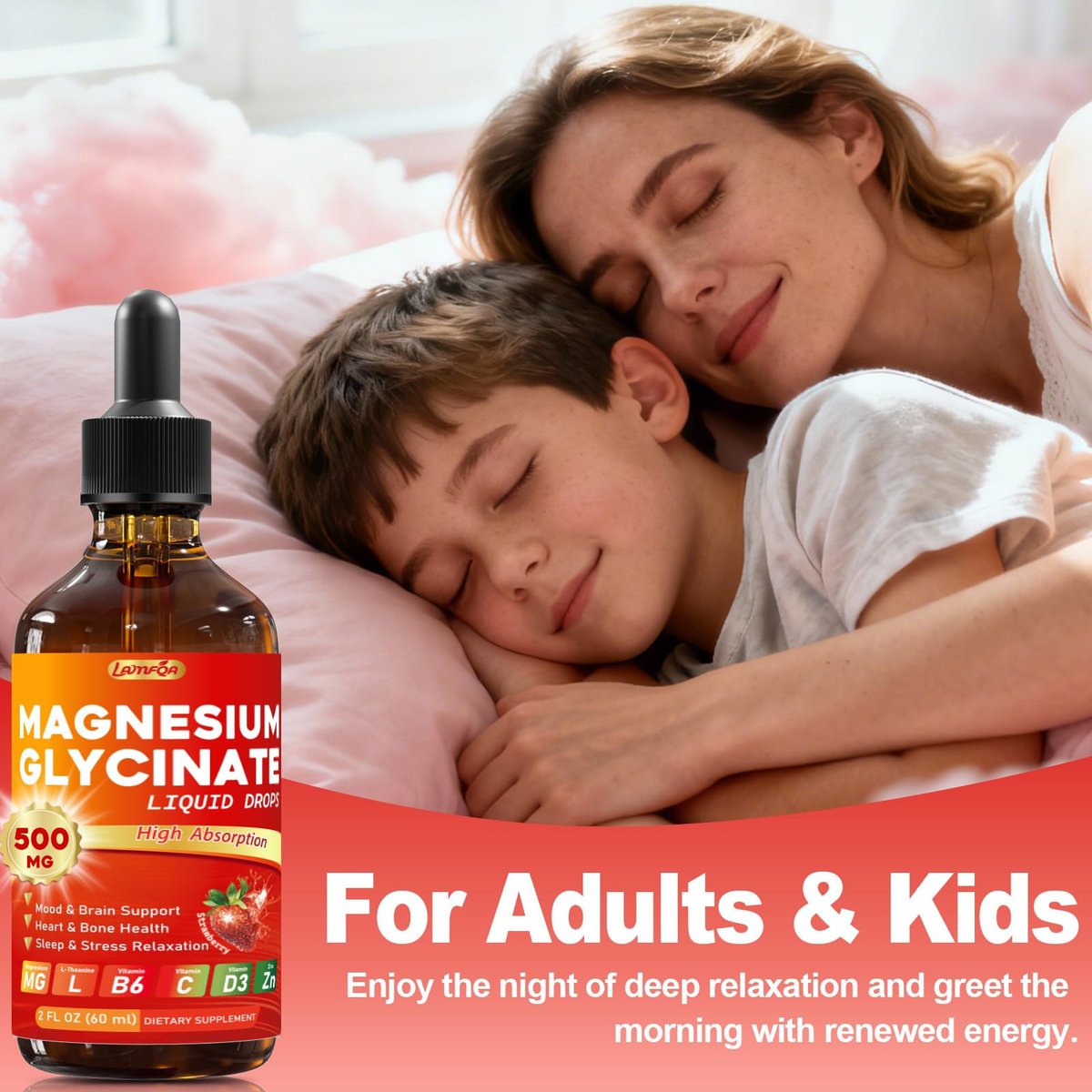 Magnesium Glycinate Liquid Drops 500mg – High Absorption with Vitamin B6, D3, C, Zinc – Supports Mood, Sleep, Heart & Bone Health – Vegan, Non-GMO, Gluten Free – 2 FL OZ, Strawberry Flavor - görsel 3
