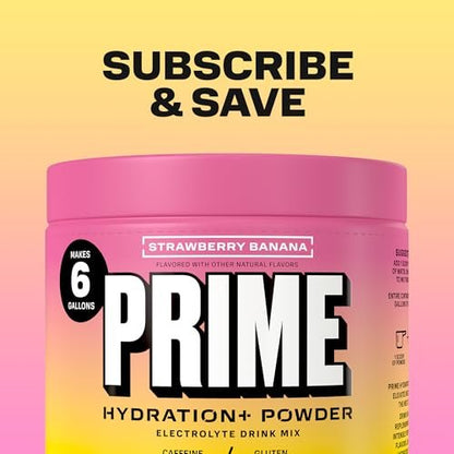 PRIME HYDRATION+ Electrolyte Powder, Strawberry Banana, Sugar Free Hydration Drink Mix with Potassium, Magnesium & B Vitamins to Replenish Fluids, Caffeine Free, 6 Gallon Tub, 48 SRV