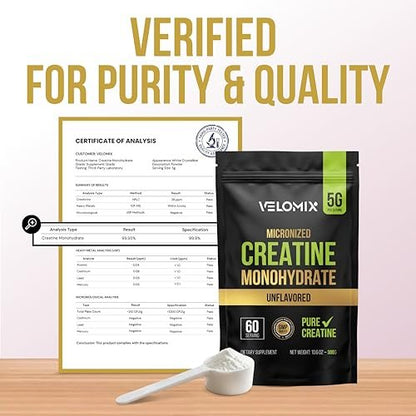 VELOMIX Micronized Creatine Monohydrate Powder - 100% Pure Creatine Powder Unflavored and Easy to Mix | Supports Muscle Growth, Recovery, and Strength | 5000mg Per Serv (5g) - 60 Servings