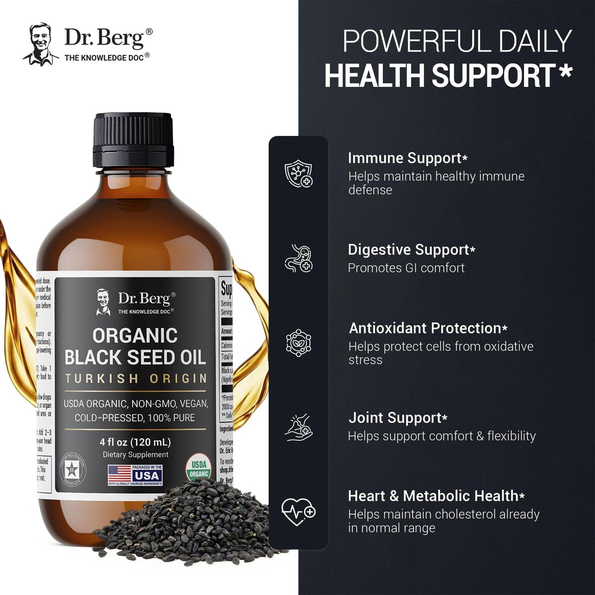 Dr. Berg Black Seed Oil Organic Cold Pressed – Pure Nigella Sativa Black Cumin Oil – USDA Organic, Halal, Vegan – for Hair, Skin, Immune Support – Unrefined Liquid – 4 oz Glass Bottle - görsel 11