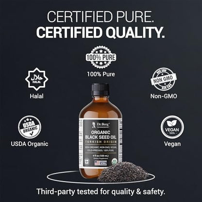 Dr. Berg Black Seed Oil Organic Cold Pressed – Pure Nigella Sativa Black Cumin Oil – USDA Organic, Halal, Vegan – for Hair, Skin, Immune Support – Unrefined Liquid – 4 oz Glass Bottle