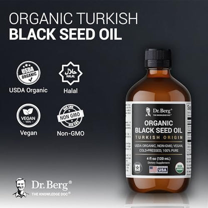 Dr. Berg Black Seed Oil Organic Cold Pressed – Pure Nigella Sativa Black Cumin Oil – USDA Organic, Halal, Vegan – for Hair, Skin, Immune Support – Unrefined Liquid – 4 oz Glass Bottle