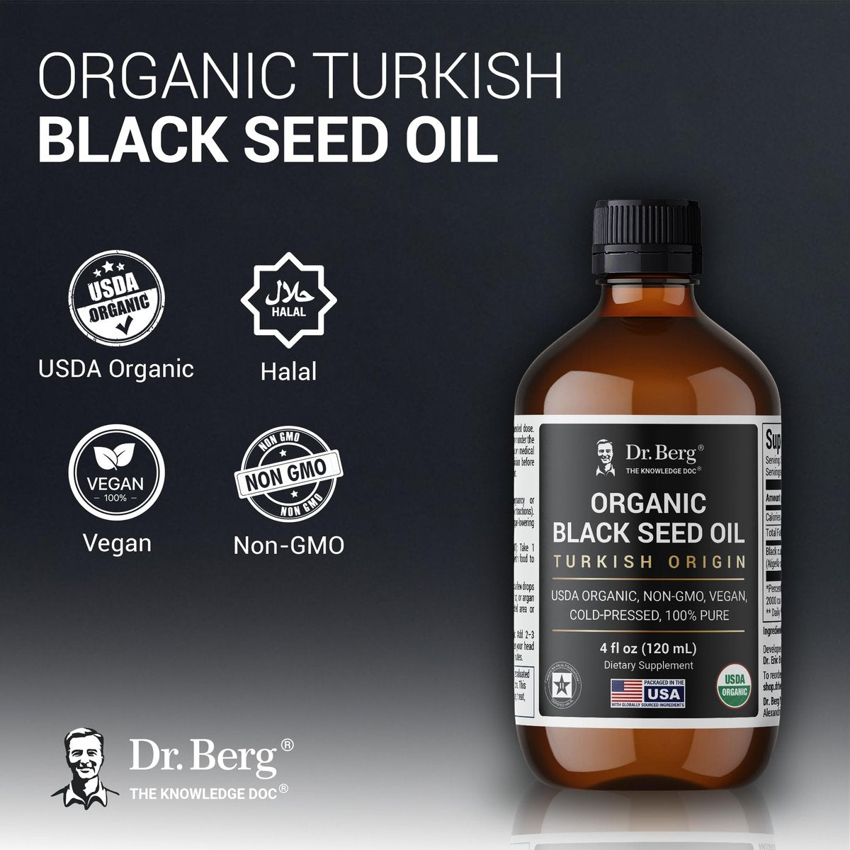 Dr. Berg Black Seed Oil Organic Cold Pressed – Pure Nigella Sativa Black Cumin Oil – USDA Organic, Halal, Vegan – for Hair, Skin, Immune Support – Unrefined Liquid – 4 oz Glass Bottle - görsel 3