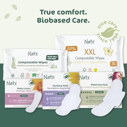 Naty Sanitary Pads Normal Without Wings | 100% Certified Organic Cotton Top Sheet | Certified Skin-Safe | Without Perfume, 0% Conventional Plastic | Absorbent Protection | 14 Pads