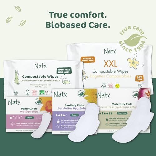 Naty Sanitary Pads Normal Without Wings | 100% Certified Organic Cotton Top Sheet | Certified Skin-Safe | Without Perfume, 0% Conventional Plastic | Absorbent Protection | 14 Pads - görsel 4