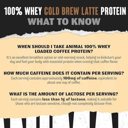 Animal 100% Whey Protein Powder Samples & 25oz BPA Free Shaker Bottle – Real Instant Iced Coffee Whey + 20g of Protein, 120mg of Caffeine Meal Replacement with BCAA – Cold Brew Latte, 3 Single Packets