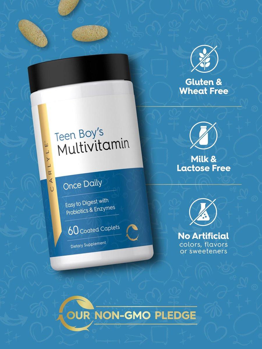 Carlyle Teen Multivitamin for Boys | 60 Caplets | Once Daily | Easy to Digest with Probiotics & Enzymes | with Iron | Non-GMO, Gluten Free - görsel 9
