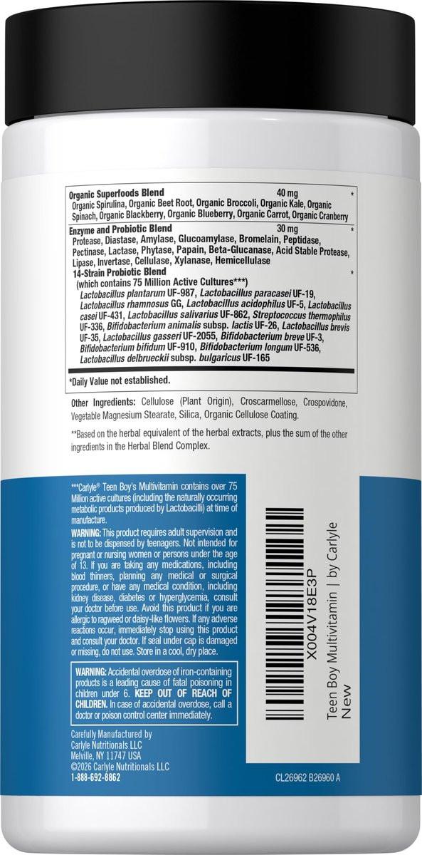 Carlyle Teen Multivitamin for Boys | 60 Caplets | Once Daily | Easy to Digest with Probiotics & Enzymes | with Iron | Non-GMO, Gluten Free - görsel 5