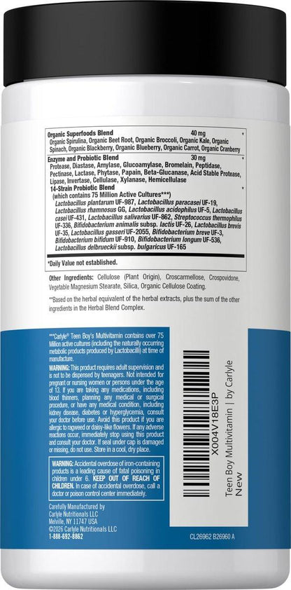 Carlyle Teen Multivitamin for Boys | 60 Caplets | Once Daily | Easy to Digest with Probiotics & Enzymes | with Iron | Non-GMO, Gluten Free