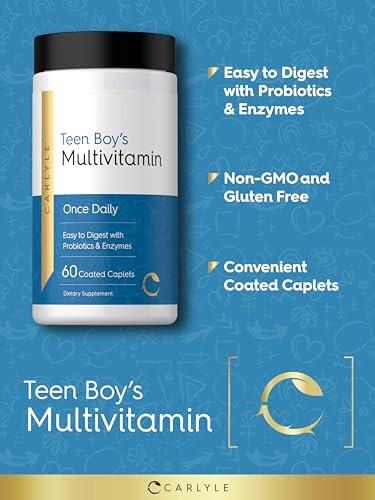 Carlyle Teen Multivitamin for Boys | 60 Caplets | Once Daily | Easy to Digest with Probiotics & Enzymes | with Iron | Non-GMO, Gluten Free - görsel 8