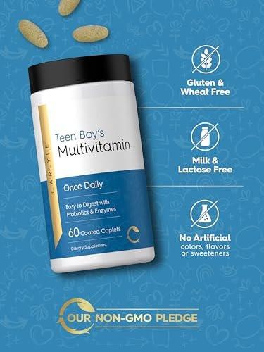 Carlyle Teen Multivitamin for Boys | 60 Caplets | Once Daily | Easy to Digest with Probiotics & Enzymes | with Iron | Non-GMO, Gluten Free