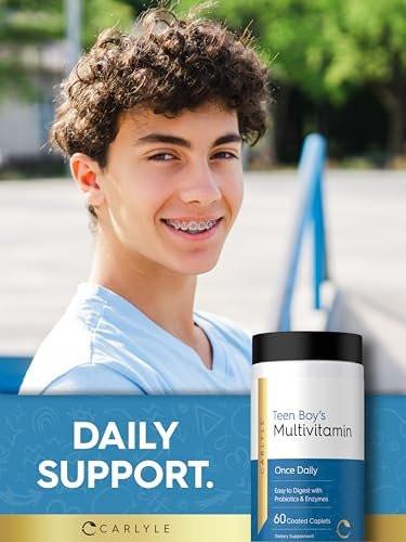 Carlyle Teen Multivitamin for Boys | 60 Caplets | Once Daily | Easy to Digest with Probiotics & Enzymes | with Iron | Non-GMO, Gluten Free