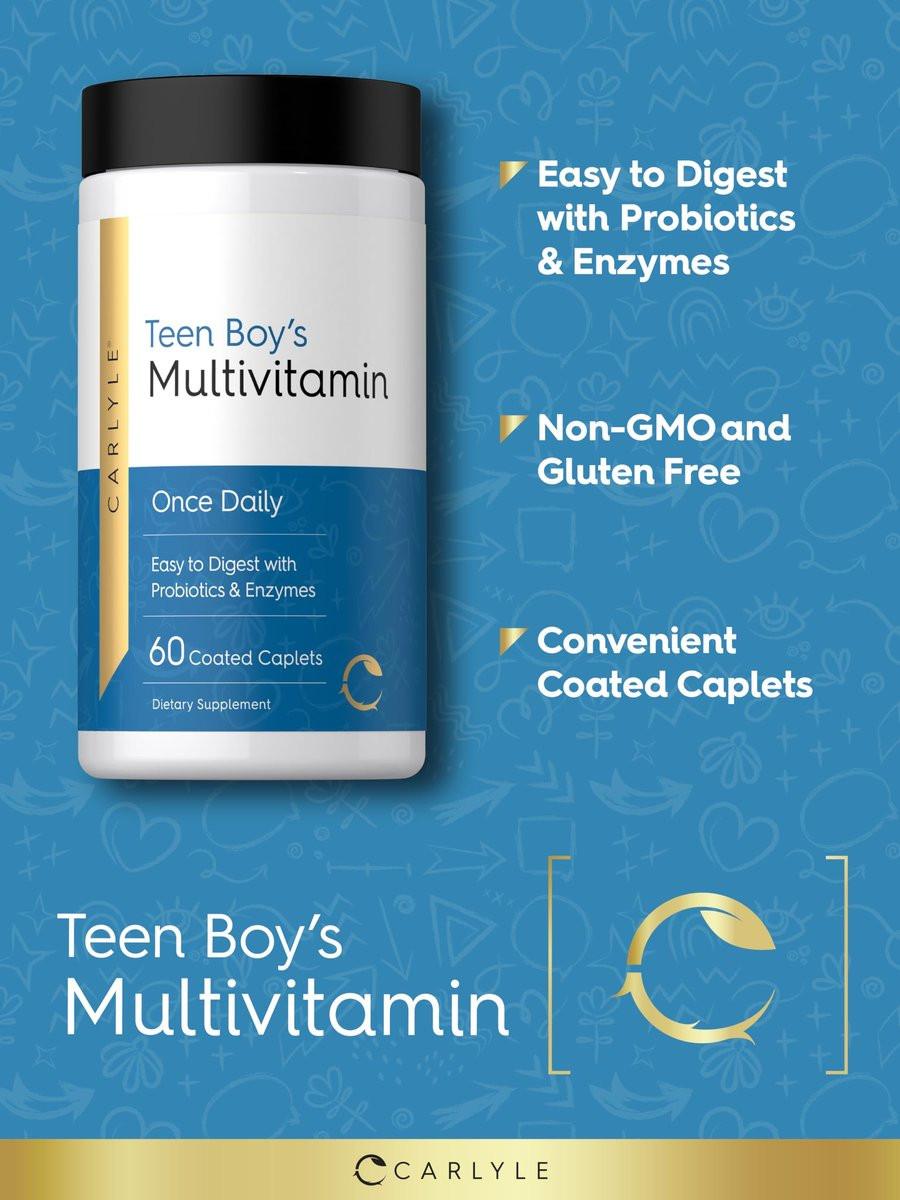 Carlyle Teen Multivitamin for Boys | 60 Caplets | Once Daily | Easy to Digest with Probiotics & Enzymes | with Iron | Non-GMO, Gluten Free - görsel 7