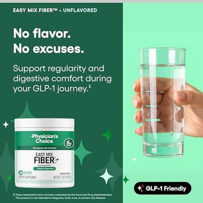 Physician's CHOICE Easy Mix Fiber for GLP-1 Support - No Grit & Sugar Free - Daily Prebiotic Soluble Fiber Powder Supplement - Digestive Health & Regularity - for Women and Men - Unflavored - 7.1oz