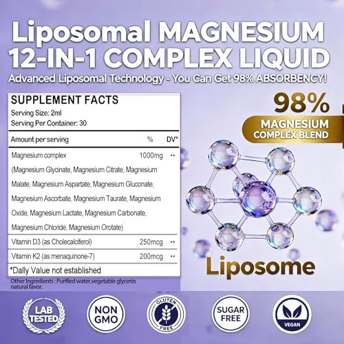 Magnesium 12 in 1 Complex 1000mg Supplement for Women & Men, High Absorption Liquid Magnesium W/Glycinate Citrate Malate Taurate Oxide Aspartate Orotate, Calm Magnesium for Sleep Muscle Heart Support - görsel 12