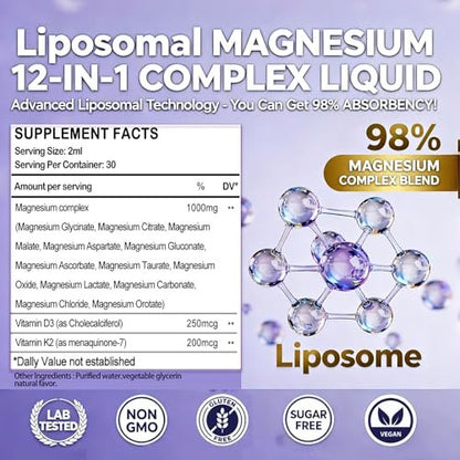 Magnesium 12 in 1 Complex 1000mg Supplement for Women & Men, High Absorption Liquid Magnesium W/Glycinate Citrate Malate Taurate Oxide Aspartate Orotate, Calm Magnesium for Sleep Muscle Heart Support