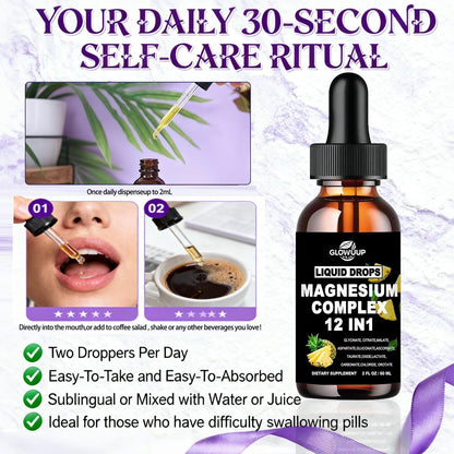 Magnesium 12 in 1 Complex 1000mg Supplement for Women & Men, High Absorption Liquid Magnesium W/Glycinate Citrate Malate Taurate Oxide Aspartate Orotate, Calm Magnesium for Sleep Muscle Heart Support
