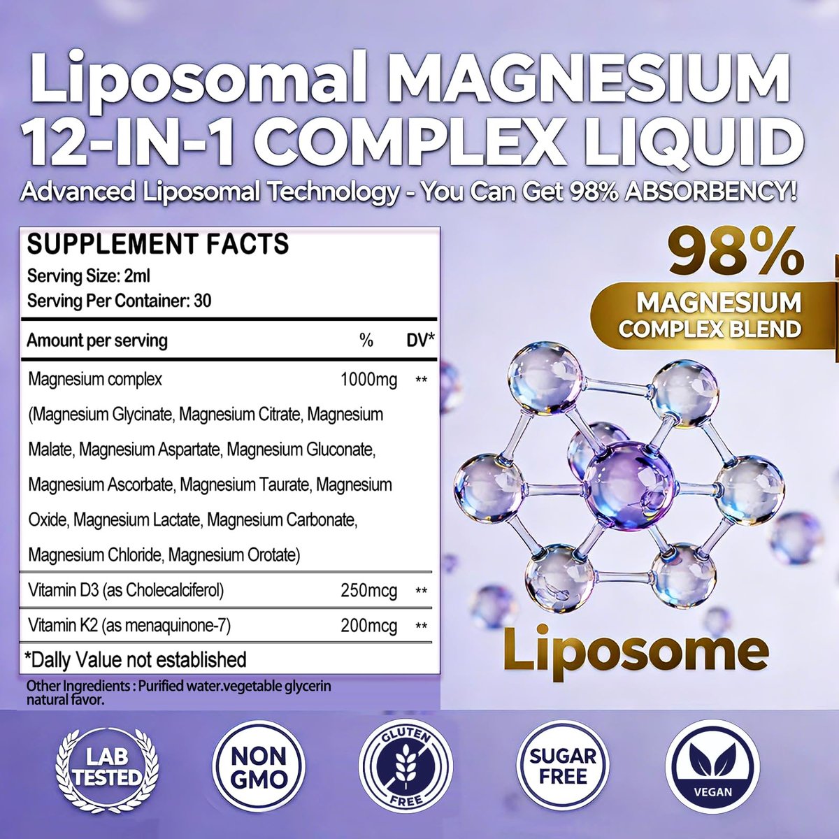 Magnesium 12 in 1 Complex 1000mg Supplement for Women & Men, High Absorption Liquid Magnesium W/Glycinate Citrate Malate Taurate Oxide Aspartate Orotate, Calm Magnesium for Sleep Muscle Heart Support - görsel 11