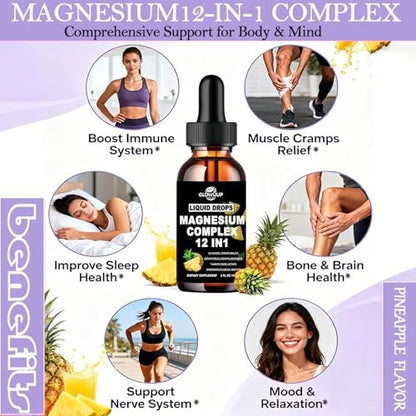Magnesium 12 in 1 Complex 1000mg Supplement for Women & Men, High Absorption Liquid Magnesium W/Glycinate Citrate Malate Taurate Oxide Aspartate Orotate, Calm Magnesium for Sleep Muscle Heart Support