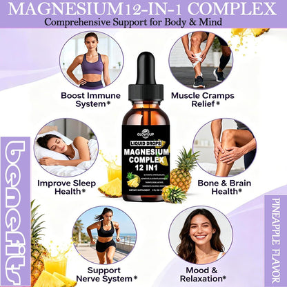 Magnesium 12 in 1 Complex 1000mg Supplement for Women & Men, High Absorption Liquid Magnesium W/Glycinate Citrate Malate Taurate Oxide Aspartate Orotate, Calm Magnesium for Sleep Muscle Heart Support