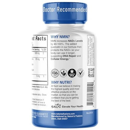 NMN Supplement 500mg NAD Supplement - Nutri Ultra High Absorption Stabilized NMN Nicotinamide Mononucleotide, 40% More NAD+ with Quercetin Phytosome & Black Pepper - mnm supplement (60 Capsules)