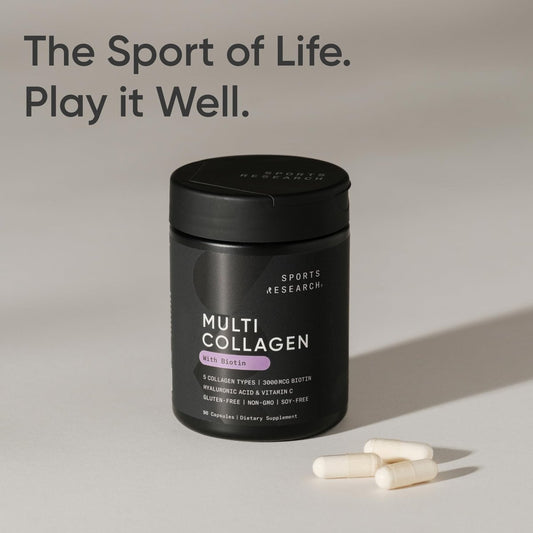 Sports Research® Biotin-Infused Collagen Peptides Complex with Hyaluronic Acid – 5 Multi Collagen Types for Hair, Skin & Joint Support – Gluten Free · Non-GMO · 90 Capsules