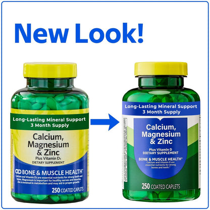 Calcium, Magnesium & Zinc Plus Vitamin D3 – 250 Coated Caplets (Nearly 3-Month Supply) – Bone, Muscle & Immune Support – 1000 mg Calcium, 400 mg Magnesium, 15 mg Zinc, 600 IU D3 – Gluten Free