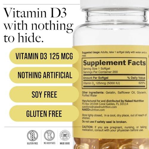 NAKED Vitamin D3 5000 IU – High Potency Vitamin D Supplement for Immune Support, Bone Strength, Muscle Function – 200 Vitamin D Softgels - görsel 6