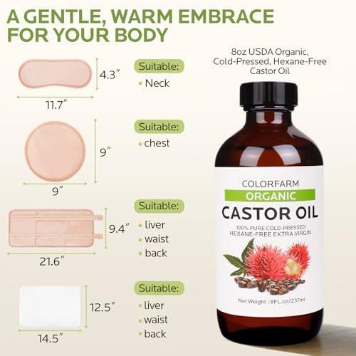 6 Pcs Castor Oil Pack Wrap: Organic Cold Pressed Castor Oil 8Fl Oz with Reusable Pads - Adjustable Elastic Straps Pack Wraps for Stomach Liver Neck - görsel 2