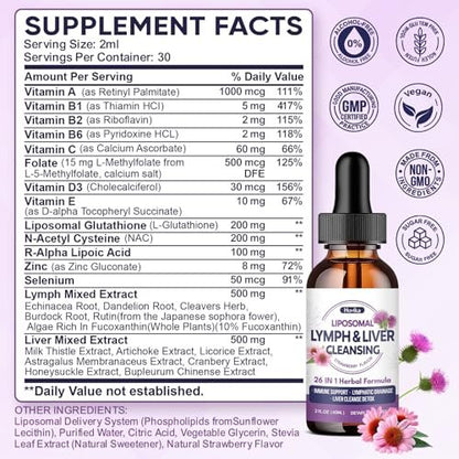 Liposomal Lymphatic Drainage Drops, 26 in 1 Liver Cleanse Detox & Repair with Milk Thistle, Echinacea, Glutathione, Vitamins, Lymph-Liver Cleanse, Gut & Metabolic Health - Strawberry Flavor, 2 Fl Oz