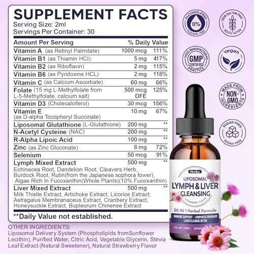 Liposomal Lymphatic Drainage Drops, 26 in 1 Liver Cleanse Detox & Repair with Milk Thistle, Echinacea, Glutathione, Vitamins, Lymph-Liver Cleanse, Gut & Metabolic Health - Strawberry Flavor, 2 Fl Oz - görsel 5