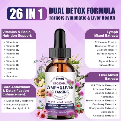 Liposomal Lymphatic Drainage Drops, 26 in 1 Liver Cleanse Detox & Repair with Milk Thistle, Echinacea, Glutathione, Vitamins, Lymph-Liver Cleanse, Gut & Metabolic Health - Strawberry Flavor, 2 Fl Oz - görsel 8