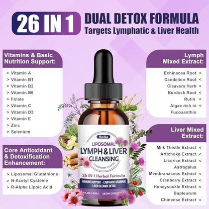 Liposomal Lymphatic Drainage Drops, 26 in 1 Liver Cleanse Detox & Repair with Milk Thistle, Echinacea, Glutathione, Vitamins, Lymph-Liver Cleanse, Gut & Metabolic Health - Strawberry Flavor, 2 Fl Oz