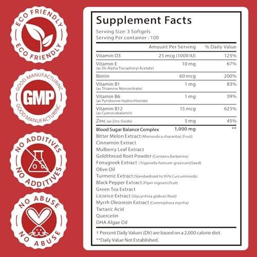 300 Softgels Blood Sugar Complex Supplement | 20+ Active Herbs - Berberine, Ceylon Cinnamon, Bitter Melon, Mulberry Leaf, Fenugreek, Vitamins for Energy Level, Vitality Support | Clean Formula - görsel 16