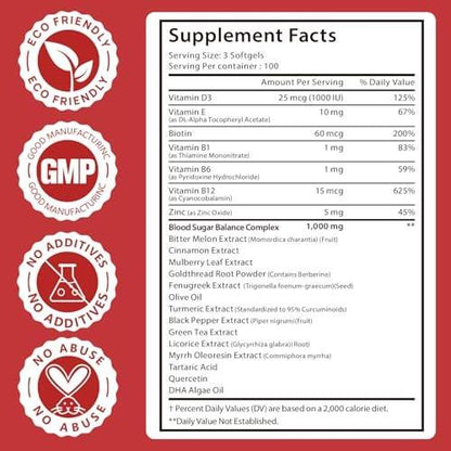 300 Softgels Blood Sugar Complex Supplement | 20+ Active Herbs - Berberine, Ceylon Cinnamon, Bitter Melon, Mulberry Leaf, Fenugreek, Vitamins for Energy Level, Vitality Support | Clean Formula