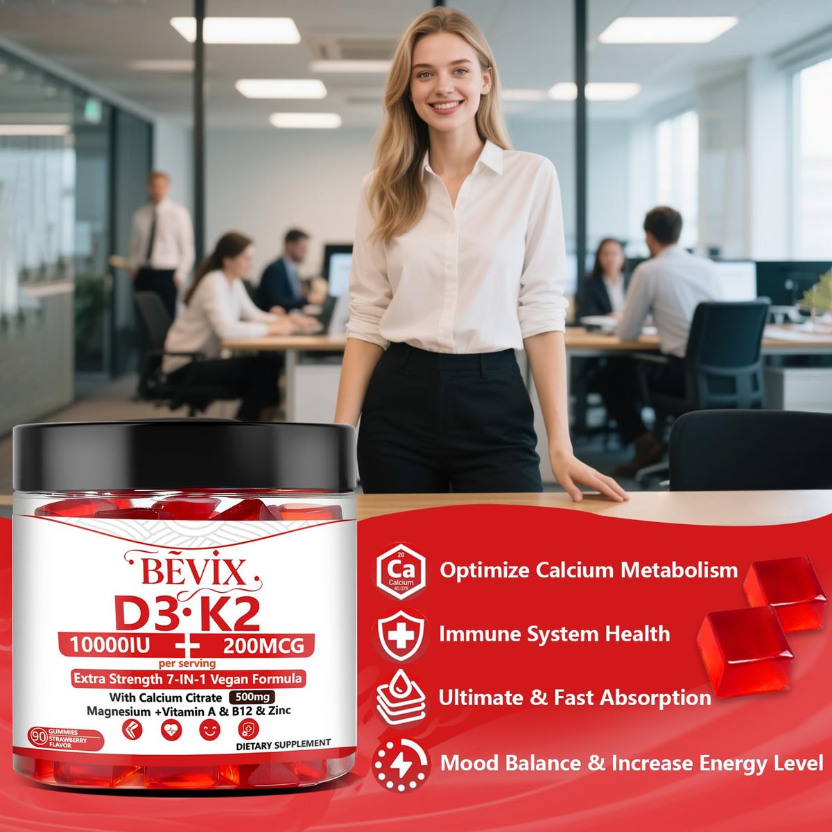 BEVIX Vitamin D3 K2 Gummies, Sugar-Free, Vegan, Extra Strength, with Calcium Magnesium Zinc, for Immune Support, Bone Teeth Heart Health, for Adults, Non-GMO Gluten Gelatin Free - görsel 12