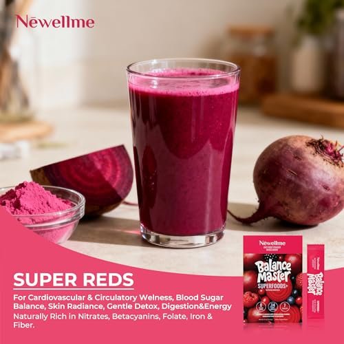 NEWELLME Balance Master Organic Raw Beet Root Powder - Super Reds Superfood for Heart & Energy, Smoothies, Baking & Juice, Natural Red Food Coloring, Mixed Berry, Sugar Free, Non-GMO, 14 Stick Packs - görsel 9