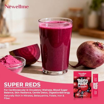 NEWELLME Balance Master Organic Raw Beet Root Powder - Super Reds Superfood for Heart & Energy, Smoothies, Baking & Juice, Natural Red Food Coloring, Mixed Berry, Sugar Free, Non-GMO, 14 Stick Packs