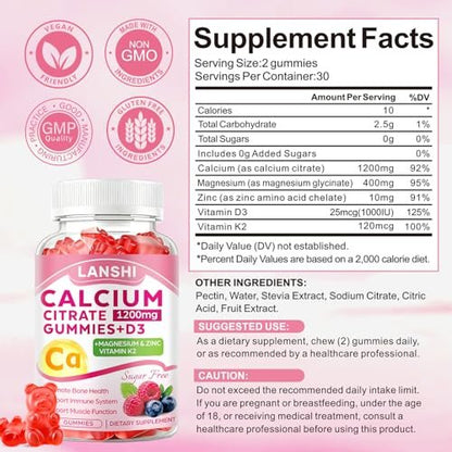 Calcium Citrate Gummies 1200mg with Vitamin D3 & K2 Supplements for Women & Men, High Absorption Calcium Gummies Plus Magnesium, Zinc for Strong Bones & Immune Support Mixed Berry Flavor, 2 Pack