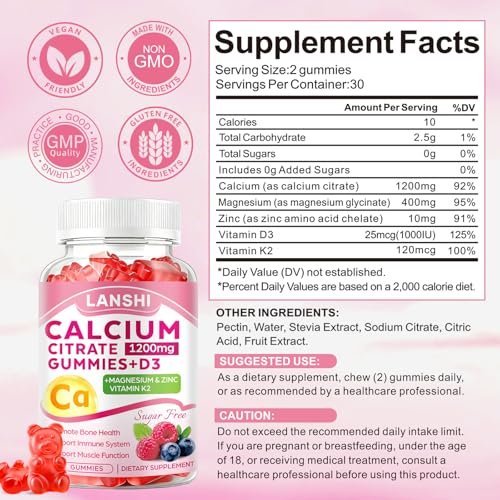 Calcium Citrate Gummies 1200mg with Vitamin D3 & K2 Supplements for Women & Men, High Absorption Calcium Gummies Plus Magnesium, Zinc for Strong Bones & Immune Support Mixed Berry Flavor, 2 Pack - görsel 1