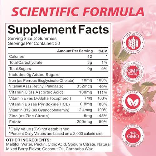 Iron Gummies for Women, Men & Kids, Vegan Iron Supplement with Vitamin C, B12, Folate for Energy Support & Immune Health, Sugar Free, 60 Gummies (Pack of 1) - görsel 2