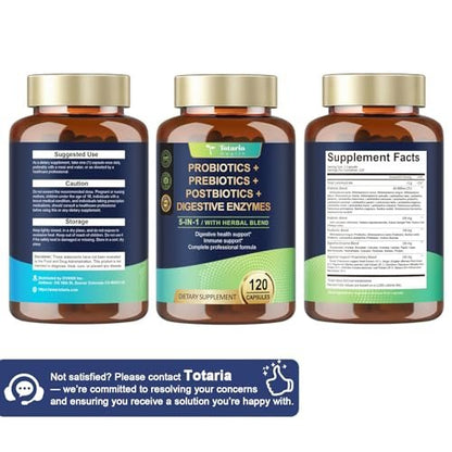 Totaria 5-in-1 Probiotic Prebiotic & Postbiotic for Women Men, 60 Billion CFU 24 Strains w/Digestive Enzymes, Prebiotic Fiber, Slippery Elm, Daily Complete Immune, Gut Health, 120 Day Supply