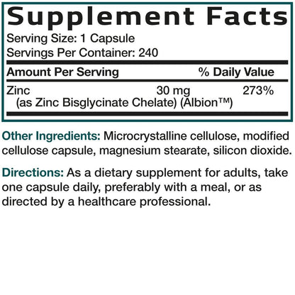 Bronson Zinc Glycinate 30mg Chelated Superior Absorption 100% Chelated Formula Non-GMO, 240 Vegetarian Capsules