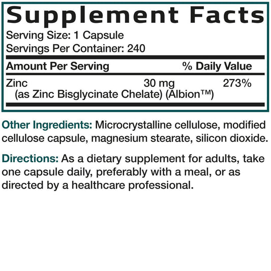 Bronson Zinc Glycinate 30mg Chelated Superior Absorption 100% Chelated Formula Non-GMO, 240 Vegetarian Capsules