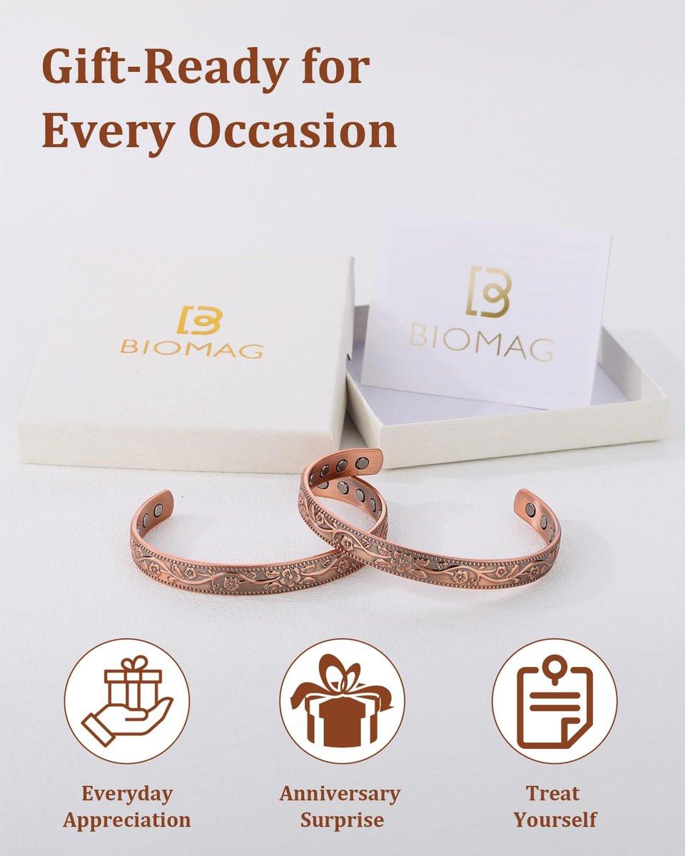 BioMag 2 Pcs Magnetic Copper Bracelet for Women Men, 99.99% Pure Copper Cuff Bangle with 12 Pcs 3500 Gauss Magnets, Adjustable Size, Floral Vine Design - görsel 13