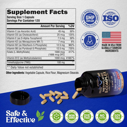 Vitamin B Complex Methylated - B-Complex with Methylfolate & B12 - Bioavailable for Men & Women - 9-in-1 Methylated Multivitamin - Energy, Brain & Mood - Vegan - Lab Tested - 120 Capsules, One/Day