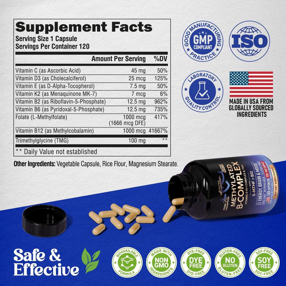 Vitamin B Complex Methylated - B-Complex with Methylfolate & B12 - Bioavailable for Men & Women - 9-in-1 Methylated Multivitamin - Energy, Brain & Mood - Vegan - Lab Tested - 120 Capsules, One/Day - görsel 4
