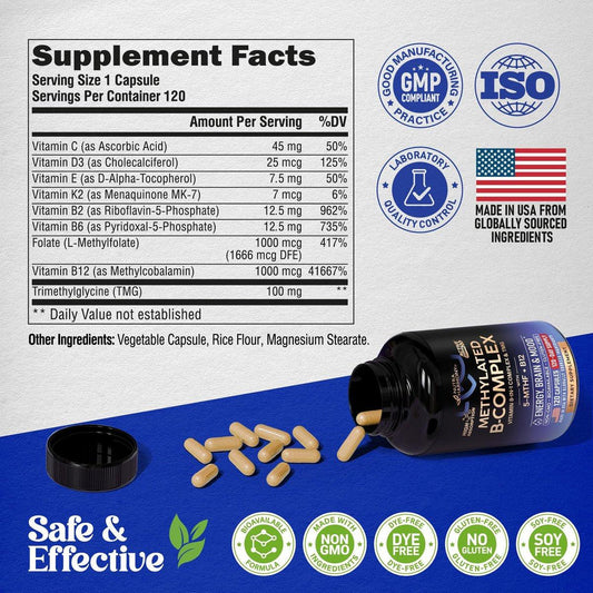 Vitamin B Complex Methylated - B-Complex with Methylfolate & B12 - Bioavailable for Men & Women - 9-in-1 Methylated Multivitamin - Energy, Brain & Mood - Vegan - Lab Tested - 120 Capsules, One/Day